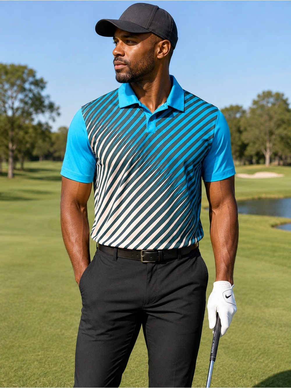 Nike Golf Tour Performance Dri Fit Blue Teal White Diagonal Wave Golf Polo Vent